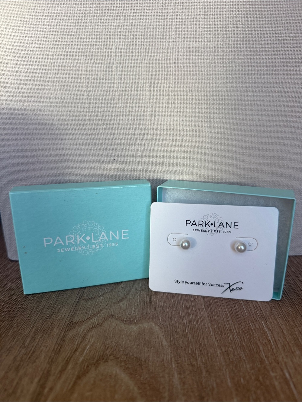 Park Lane White Pearl Stud Earrings with Teal Box